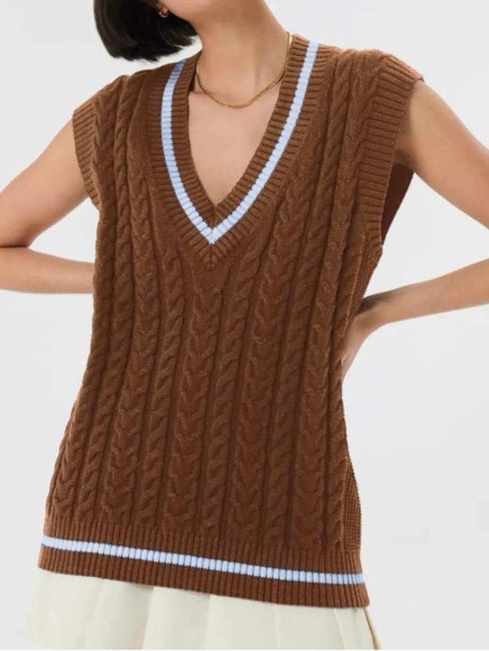 Sunday Best Aritzia Winston Brown Cable Knit V-Neck Sweater Vest Oversized S